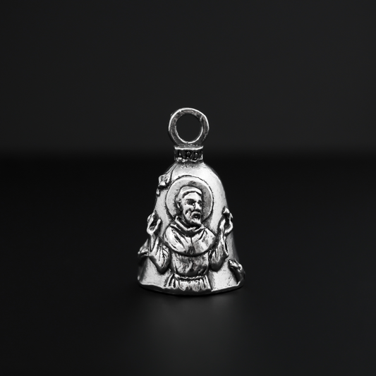 Saint Francis of Assisi Guardian bell that depicts the saint on the front and is marked "Saint Francis" on the back