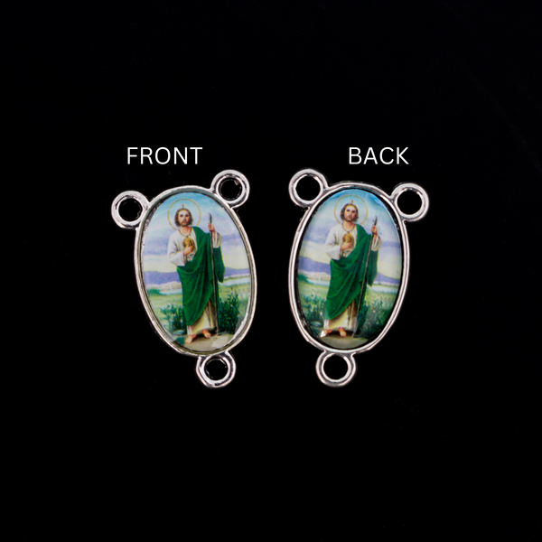 Saint Jude rosary centerpiece with a glass cabochon on each side of a silver-tone center which means the front and back side look the same