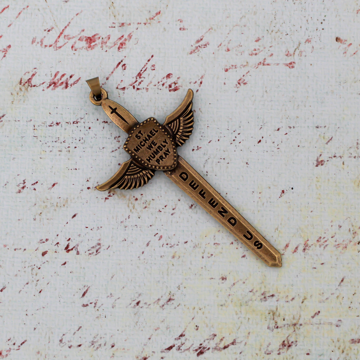 St. Michael's Sword Pendant in Antique Bronze, 3" Long