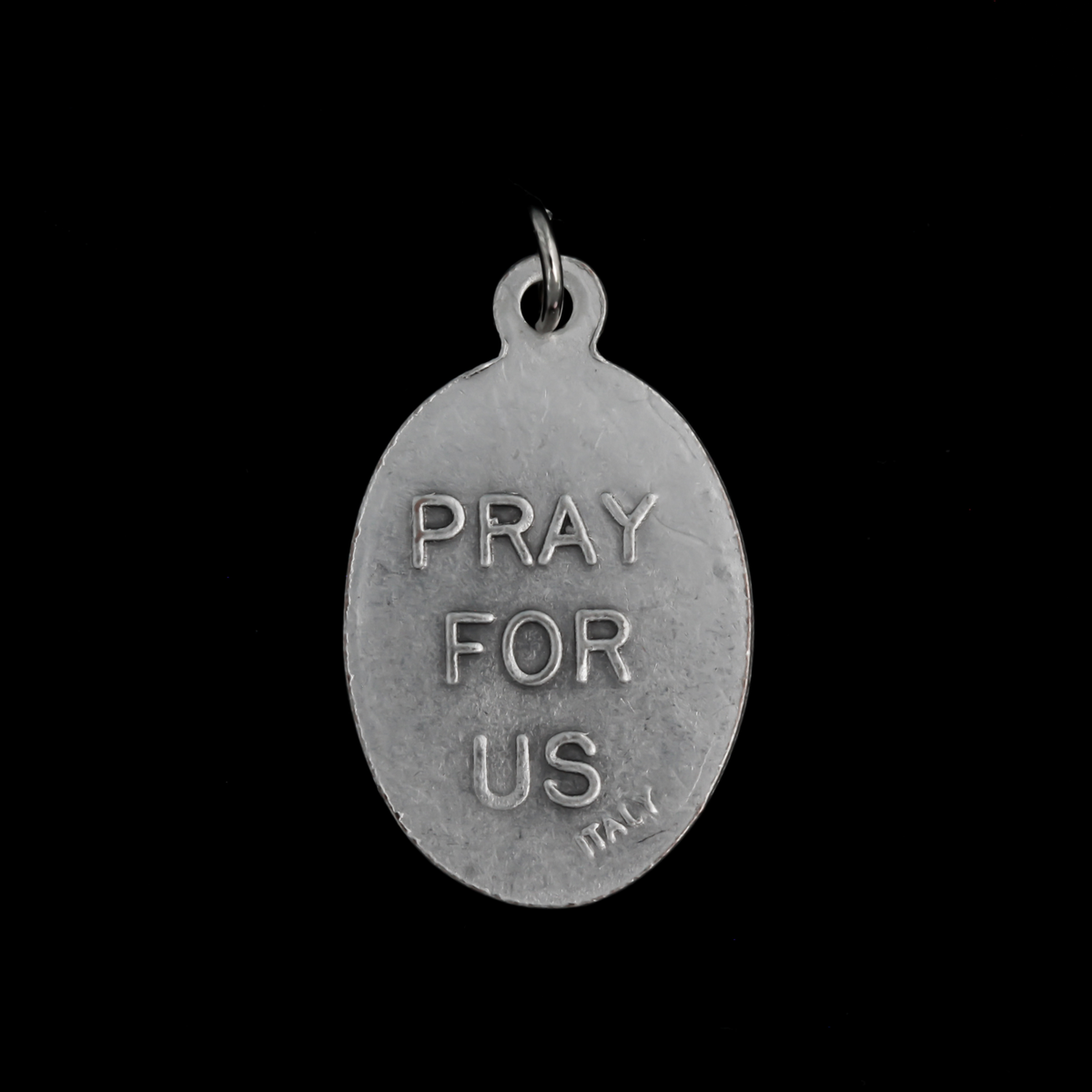 Saint Stephen oval medal that depicts the saint holding a rock on the front and "Pray For Us" on the back