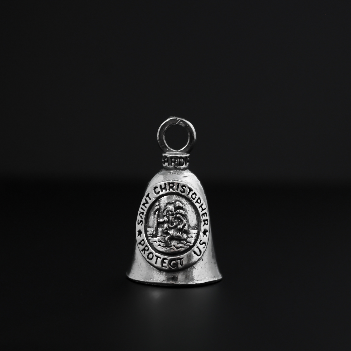 Saint Christopher Guardian bell that depicts the saint on the front surrounded by the words "Saint Christopher Protect Us"