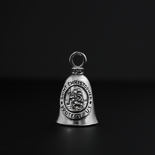 Saint Christopher Guardian bell that depicts the saint on the front surrounded by the words "Saint Christopher Protect Us"