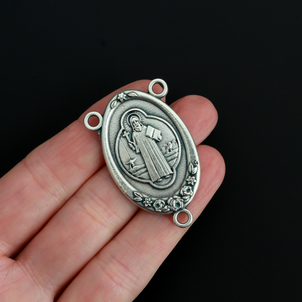 Extra Large St. Benedict Rosary Centerpiece with Ornate Flower Design - 43mm Long