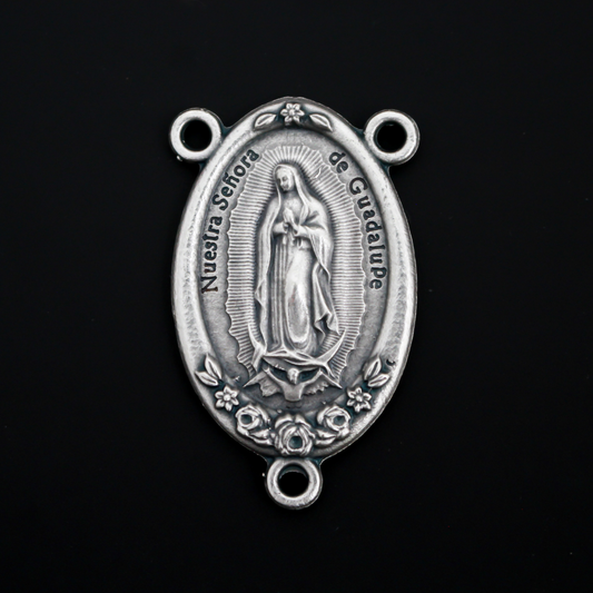 Extra Large Our Lady of Guadalupe Rosary Centerpiece with Ornate Flower Design - 43mm Long