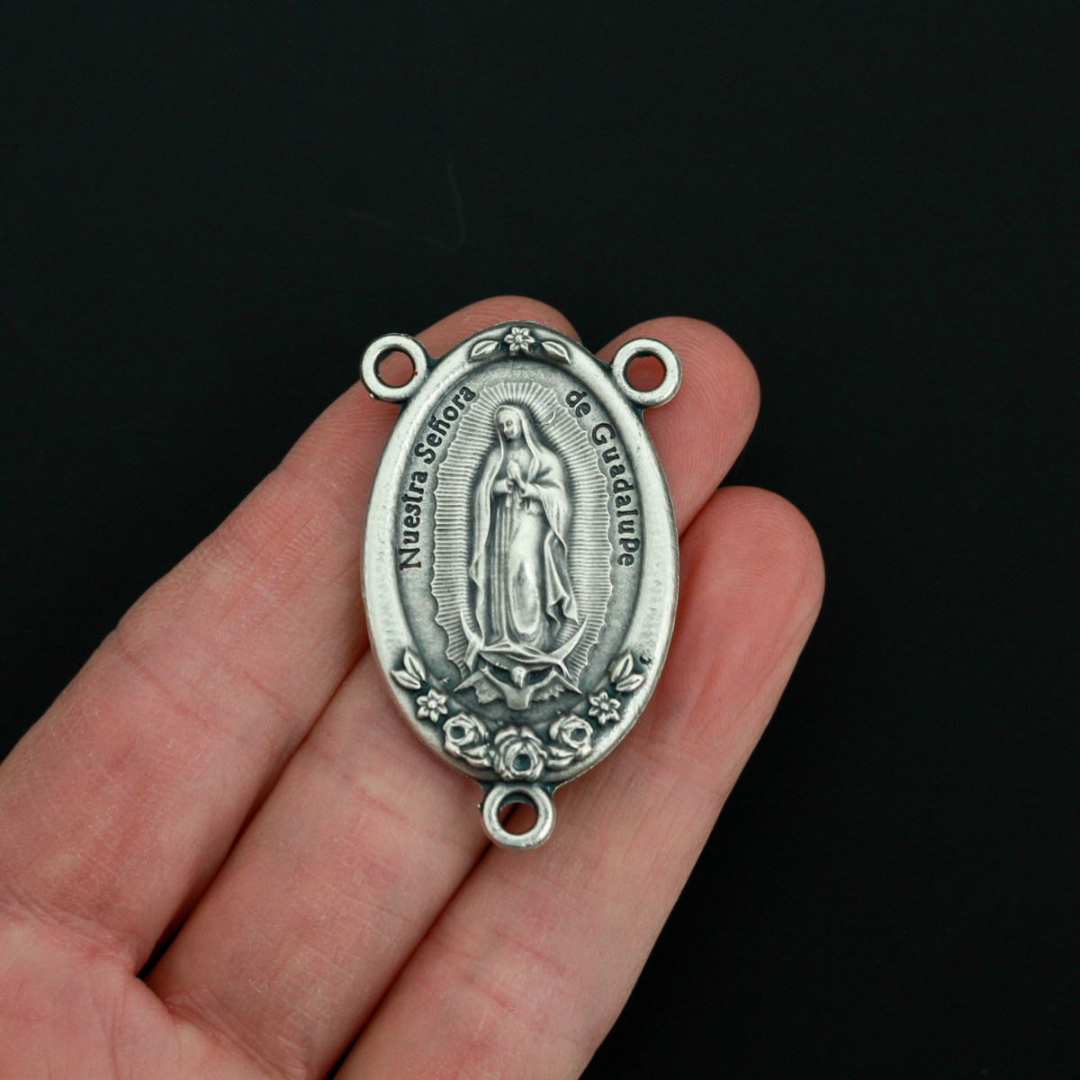 Extra Large Our Lady of Guadalupe Rosary Centerpiece with Ornate Flower Design - 43mm Long
