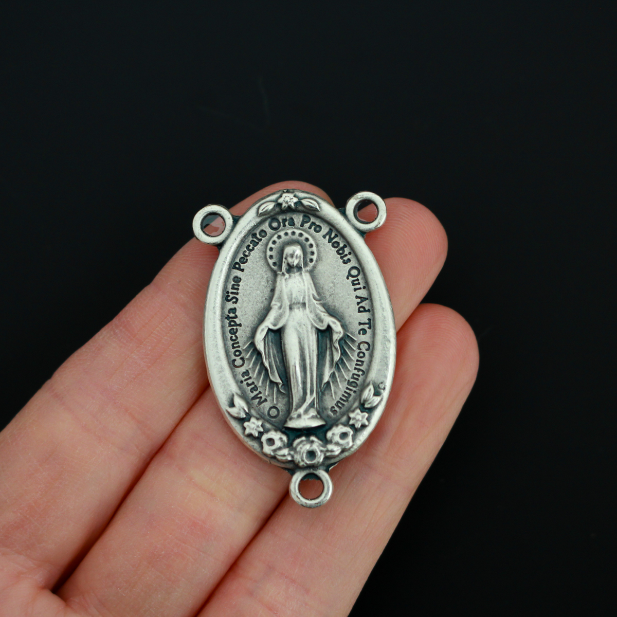 Extra Large Miraculous Medal Rosary Centerpiece with Ornate Flower Design - 43mm Long