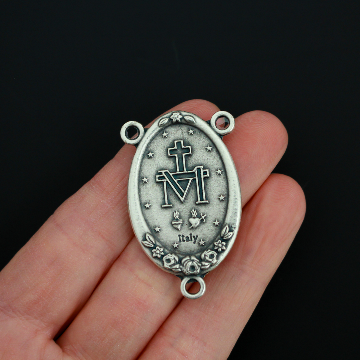 Extra Large Miraculous Medal Rosary Centerpiece with Ornate Flower Design - 43mm Long