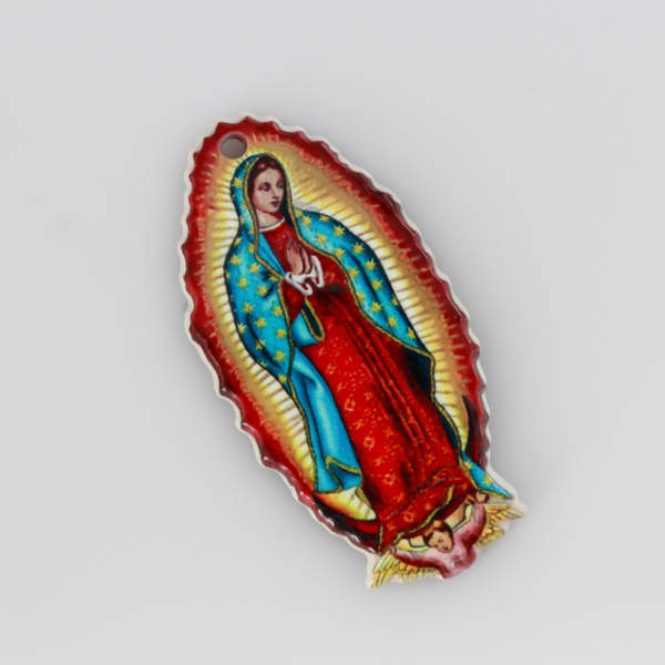 crylic pendants with a printed full color image of Our Lady of Guadalupe. The image is reversed on the backside
