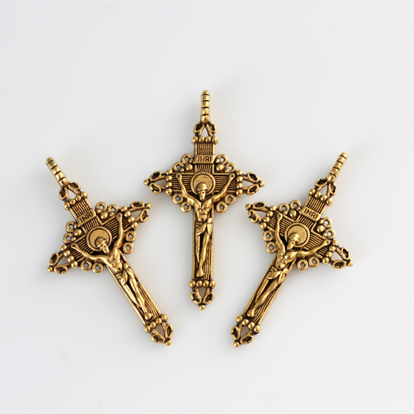 Ornate Crucifix Pendants 2" Long - Antique Gold Jesus Crucifixion Cross for Rosaries 3pcs