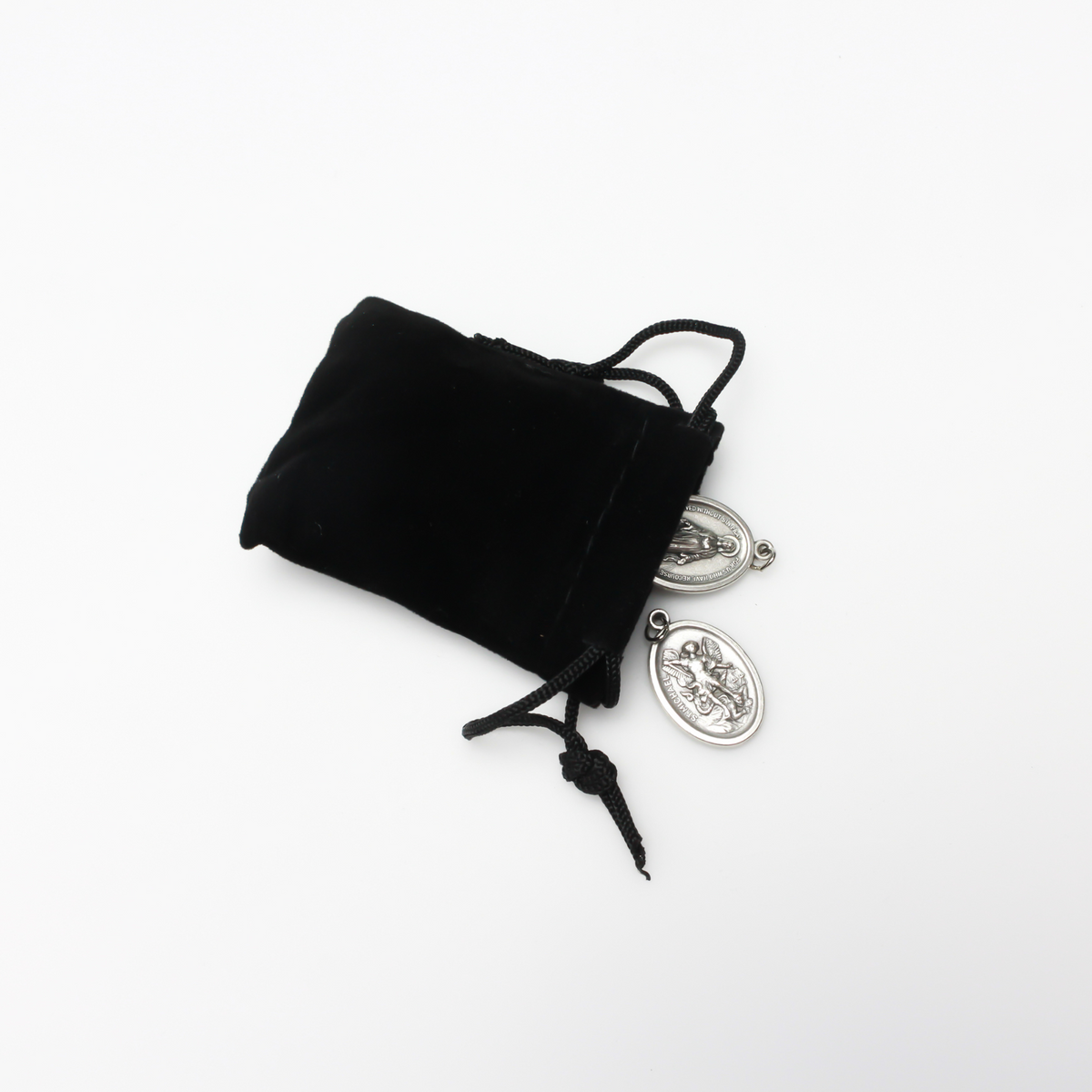 Small black velvet drawstring pouch that is 2.5" x 2"