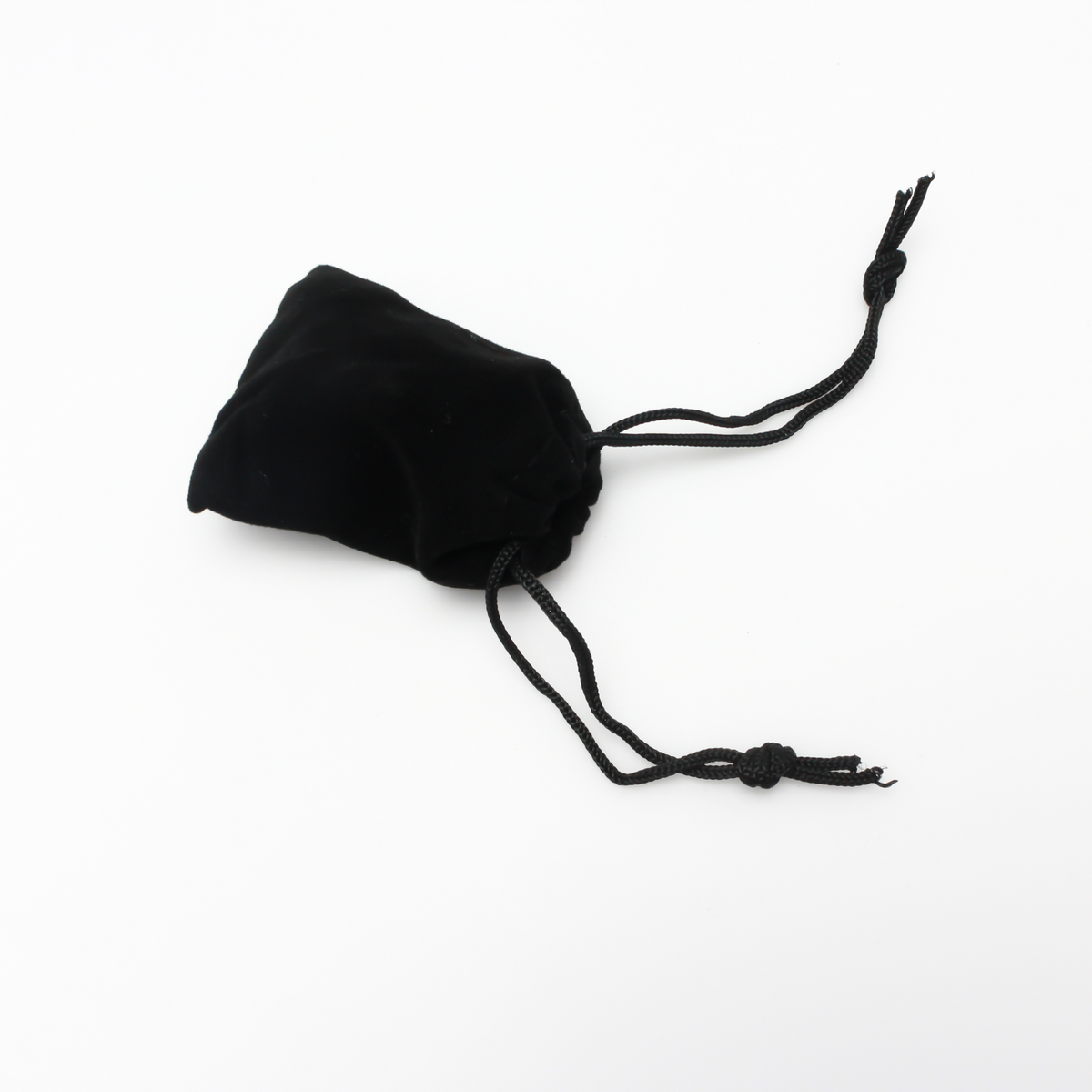 Small black velvet drawstring pouch that is 2.5" x 2"