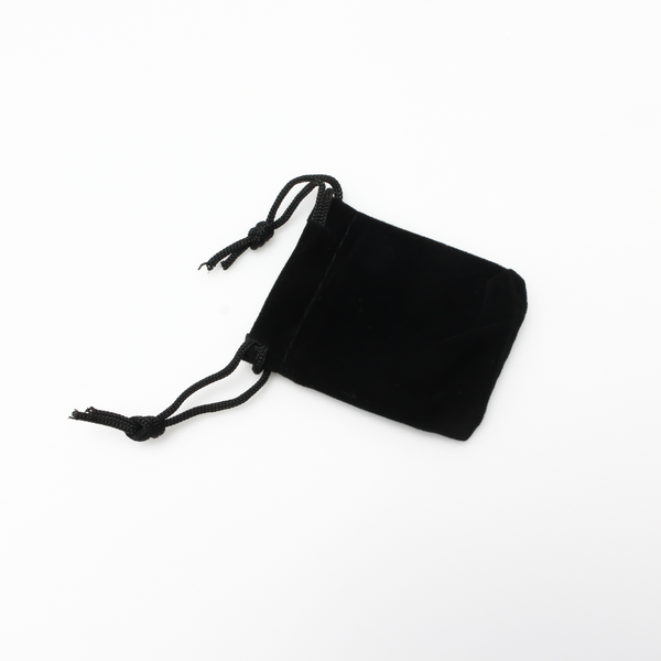 Small black velvet drawstring pouch that is 2.5" x 2"