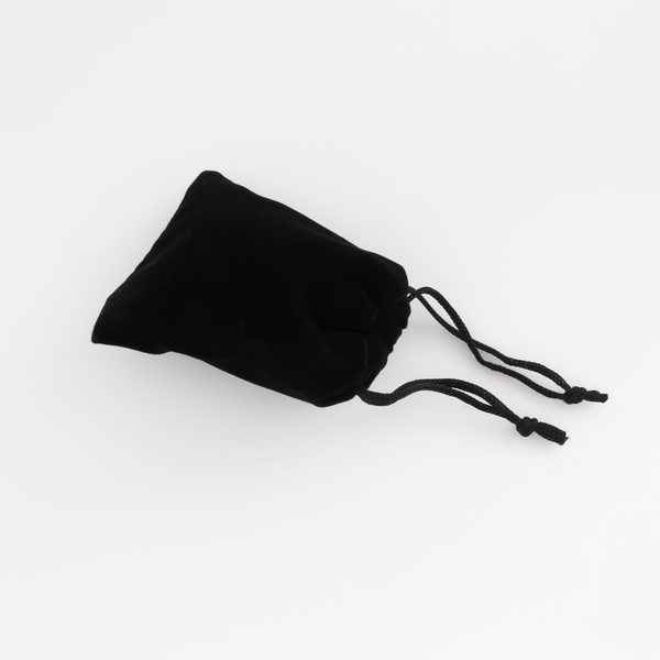 Small black velvet drawstring pouch that is 3.5" x 2.875"