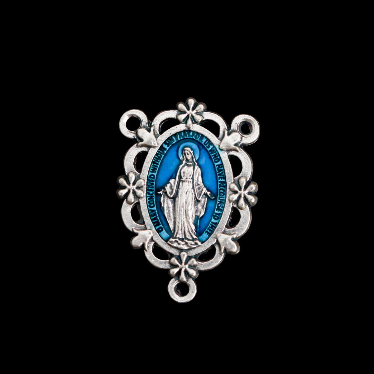 Blue Enamel Miraculous Medal Rosary Centerpiece with Filigree Flower Design