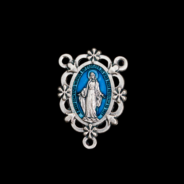 Blue Enamel Miraculous Medal Rosary Centerpiece with Filigree Flower Design