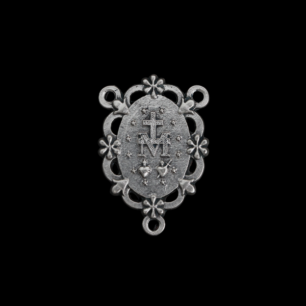 Blue Enamel Miraculous Medal Rosary Centerpiece with Filigree Flower Design
