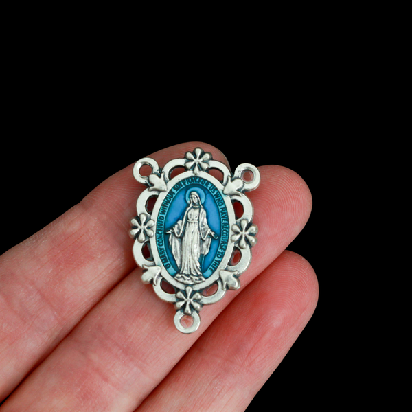 Blue Enamel Miraculous Medal Rosary Centerpiece with Filigree Flower Design