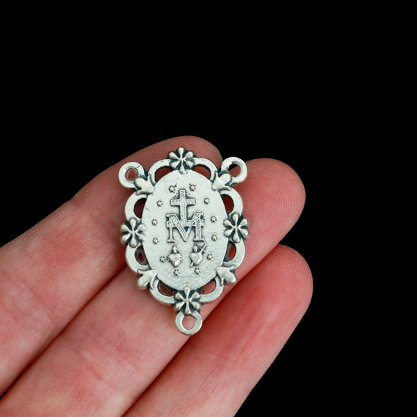 Blue Enamel Miraculous Medal Rosary Centerpiece with Filigree Flower Design