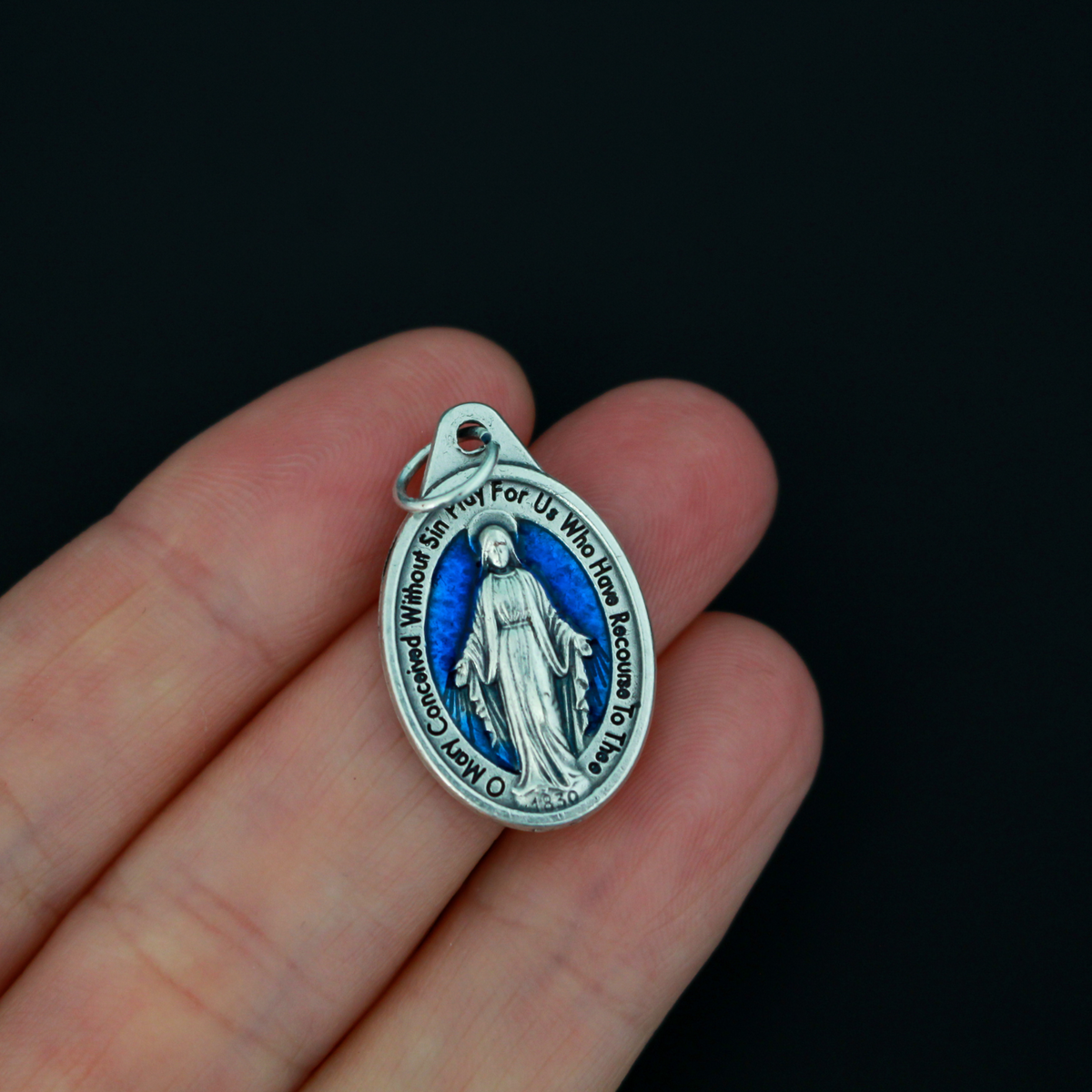 Traditional Miraculous Mary medal with blue enamel detail, one inch oval