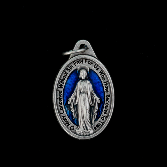 Traditional Miraculous Mary medal with blue enamel detail, one inch oval