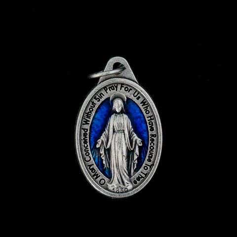 Traditional Miraculous Mary medal with blue enamel detail, one inch oval
