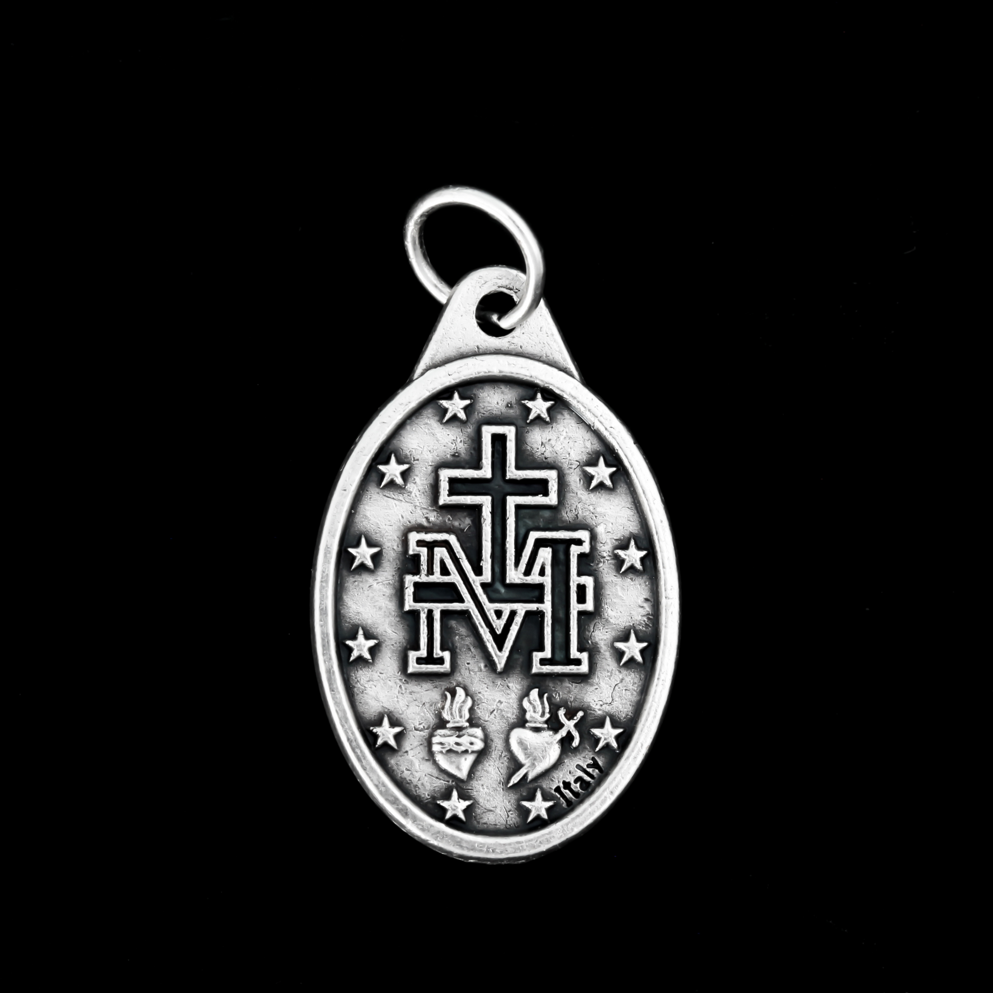 Traditional Miraculous Mary medal with blue enamel detail, one inch oval