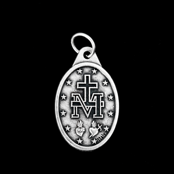 Traditional Miraculous Mary medal with blue enamel detail, one inch oval