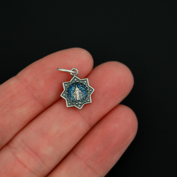 Mini Miraculous Mary Star Shaped Charm With Blue Enamel Glitter Detail