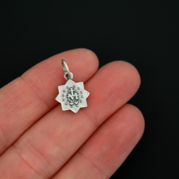 Mini Miraculous Mary Star Shaped Charm With Blue Enamel Glitter Detail