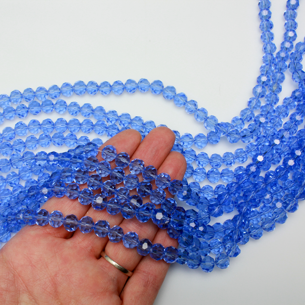 Transparent Cornflower Blue Glass Beads 7mm Round Faceted Crystal Strand - 68bds/strand