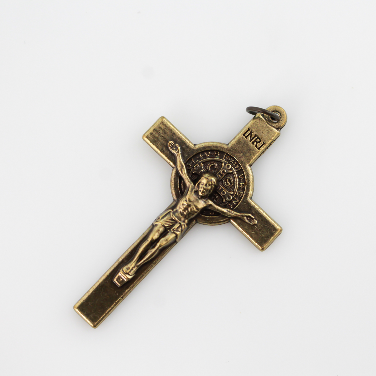 Bronze Saint Benedict crucifix that features a St. Benedict medal on the front and back