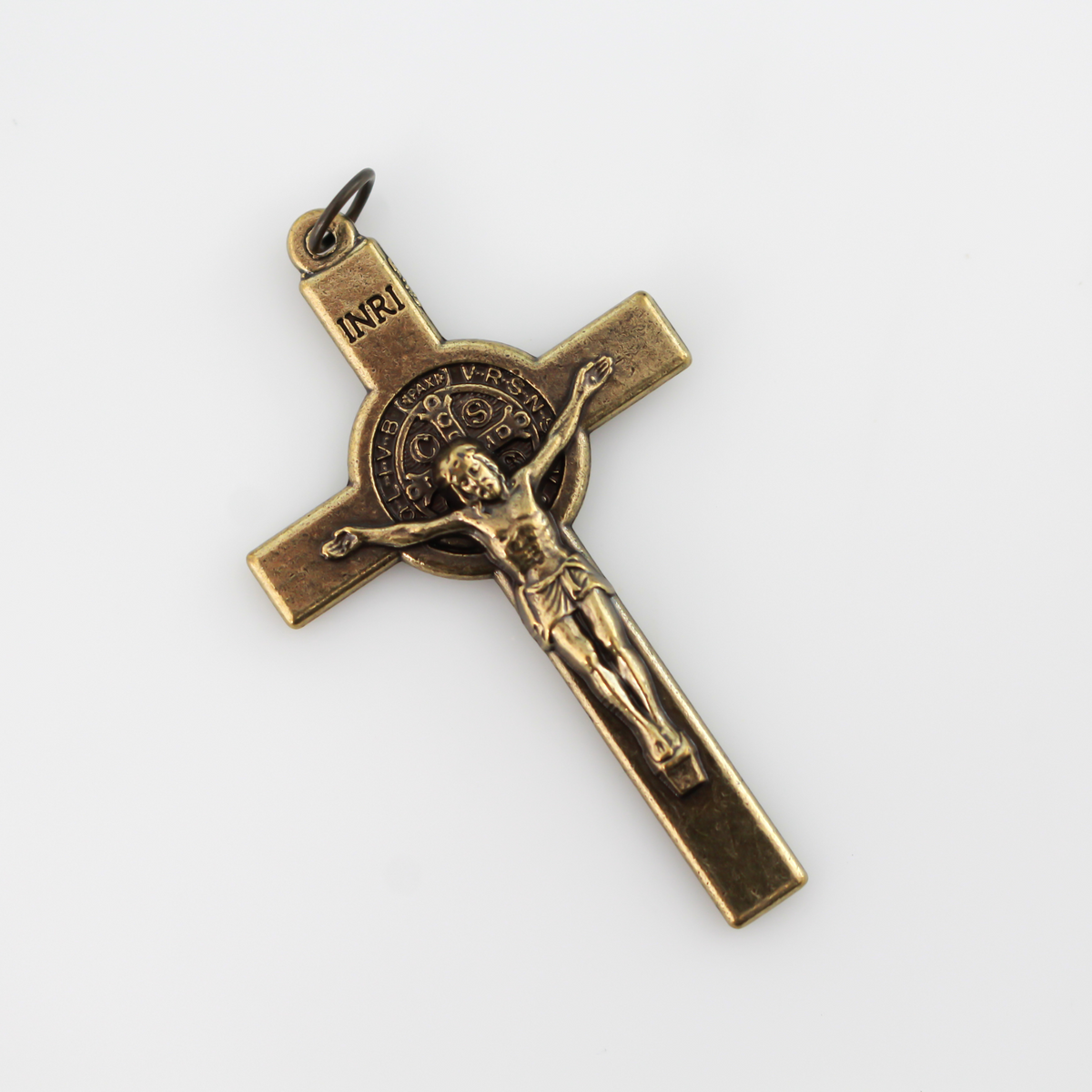 Bronze Saint Benedict crucifix that features a St. Benedict medal on the front and back