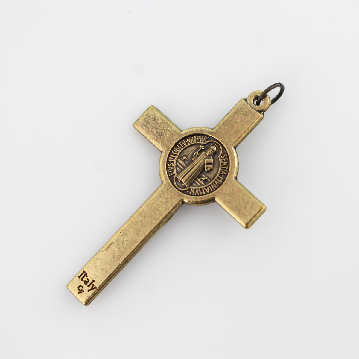 Bronze Saint Benedict crucifix that features a St. Benedict medal on the front and back