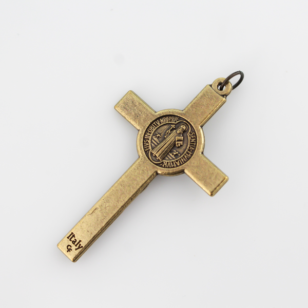 Bronze Saint Benedict crucifix that features a St. Benedict medal on the front and back