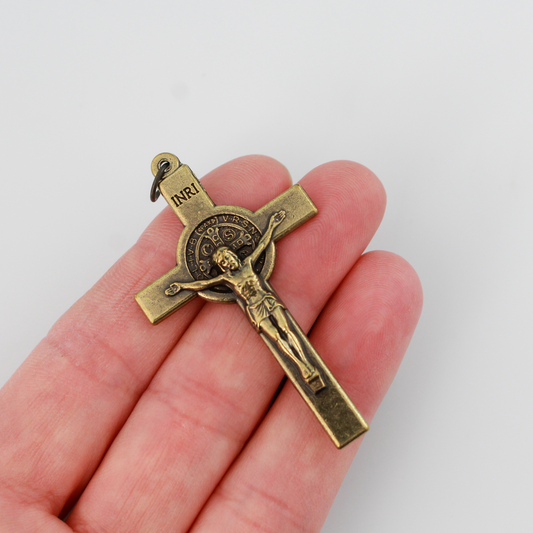 Bronze Saint Benedict crucifix that features a St. Benedict medal on the front and back
