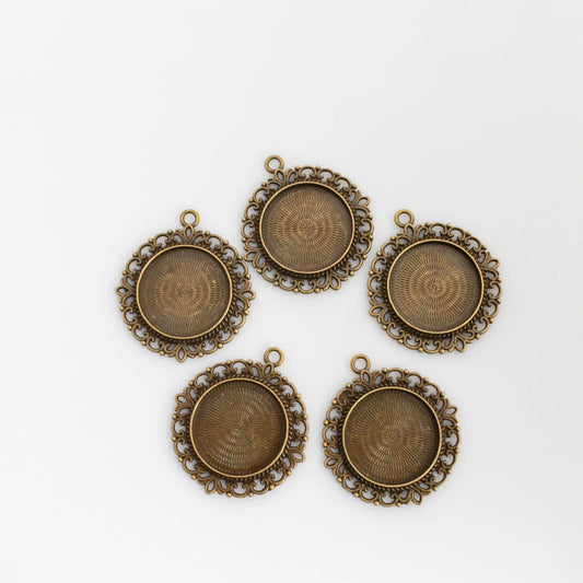 Bronze Bezel Pendant 25mm Tray - Round Cabochon Setting Ornate Filigree Border, 5pcs