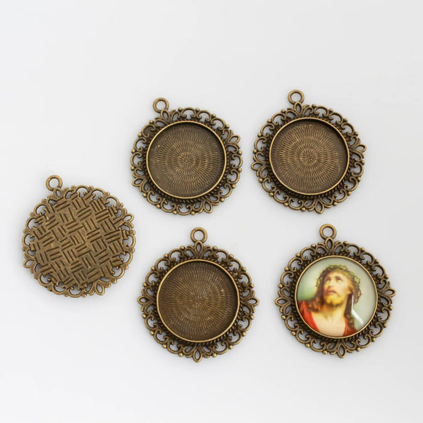 Bronze Bezel Pendant 25mm Tray - Round Cabochon Setting Ornate Filigree Border, 5pcs