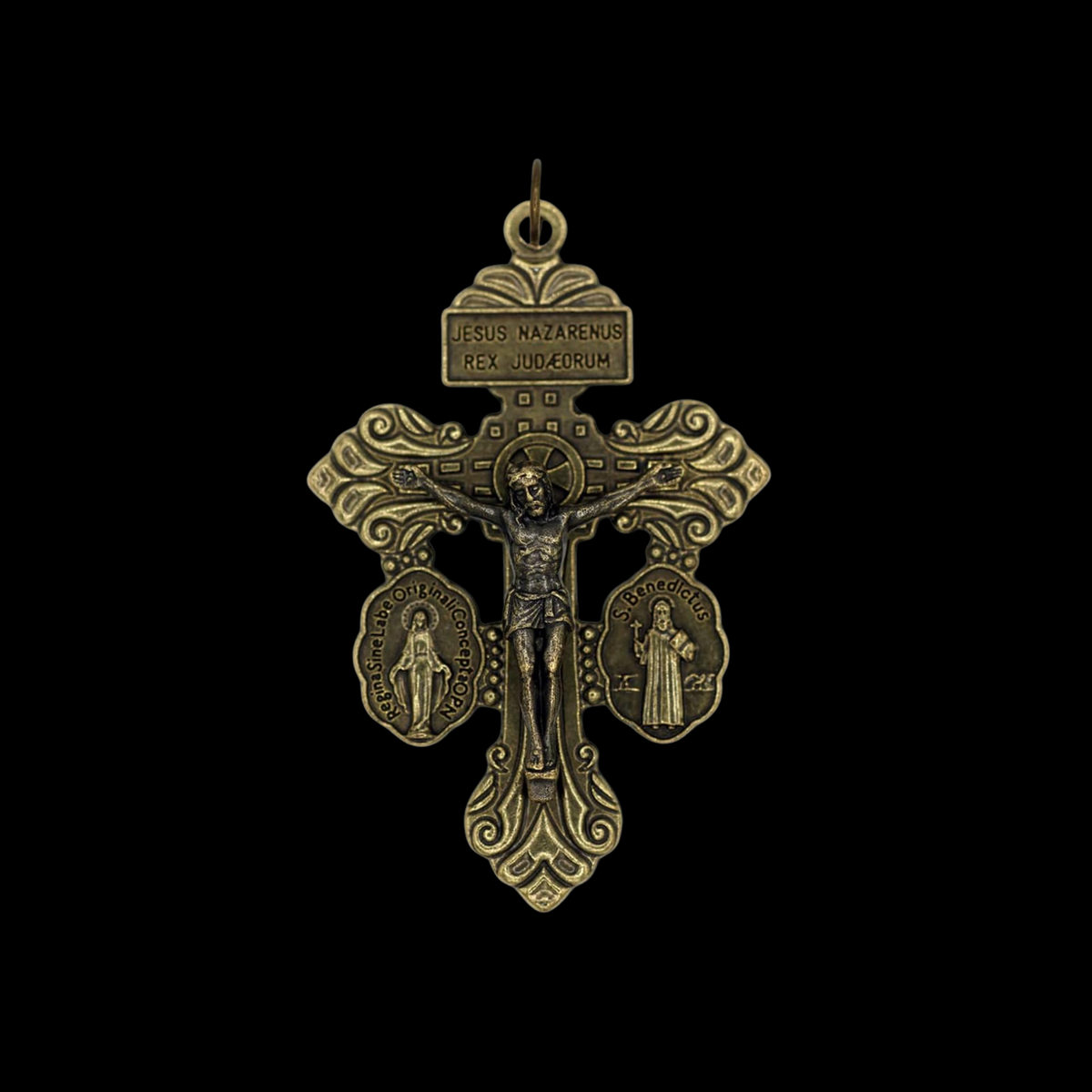 Bronze 3 Way Pardon of Indulgence Crucifix with Miraculous Medal and Saint Benedict Medal 2-1/8" Long
