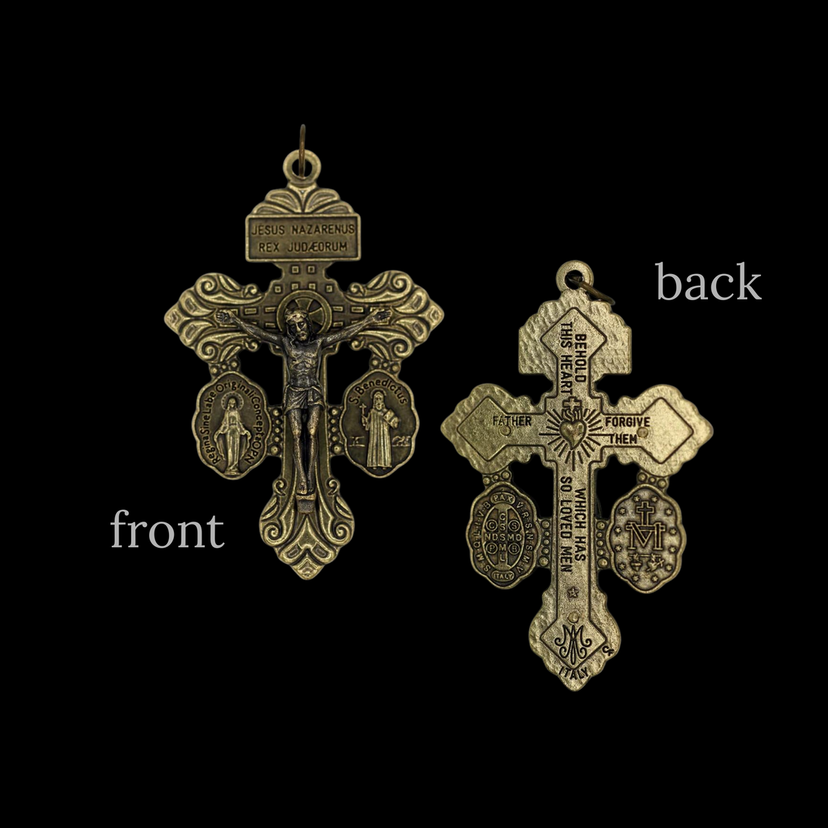 Bronze 3 Way Pardon of Indulgence Crucifix with Miraculous Medal and Saint Benedict Medal 2-1/8" Long