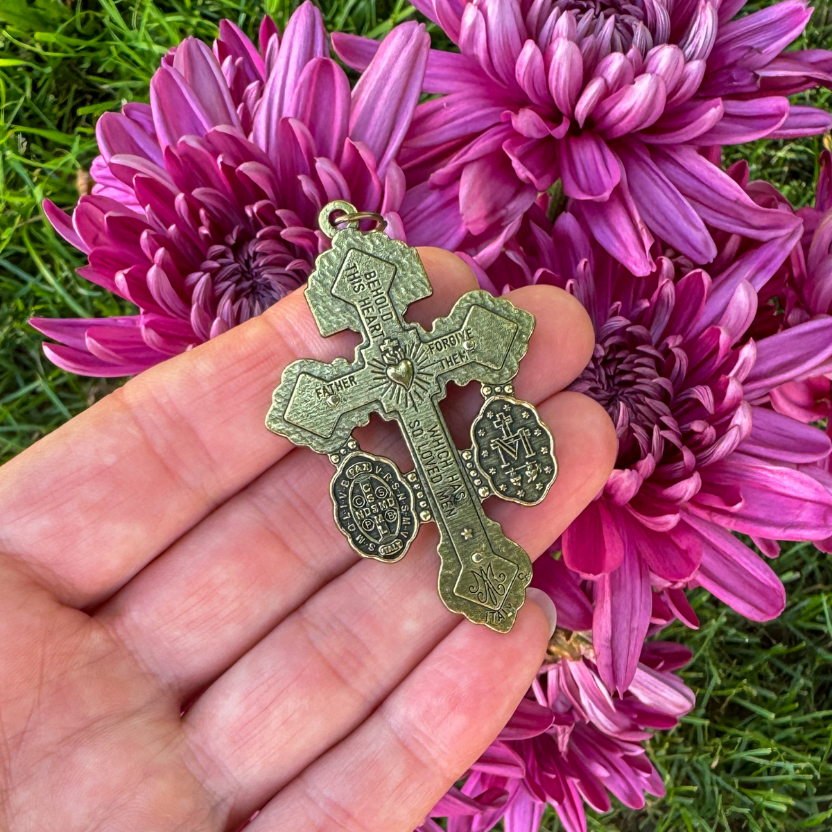 Bronze 3 Way Pardon of Indulgence Crucifix with Miraculous Medal and Saint Benedict Medal 2-1/8" Long