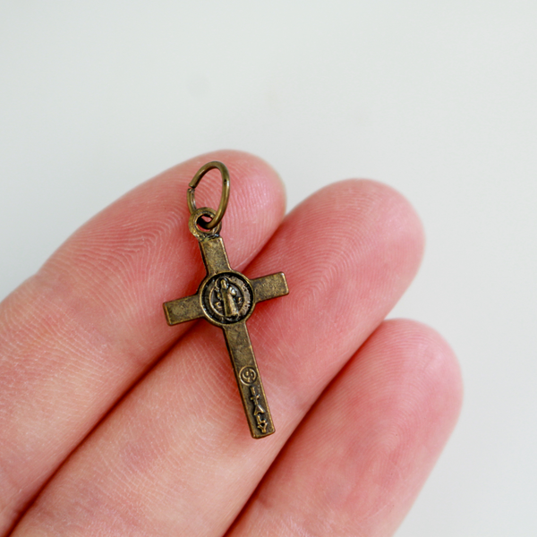 Small Bronze Saint Benedict Crucifix Cross 7/8 inches Long, Bracelet Size