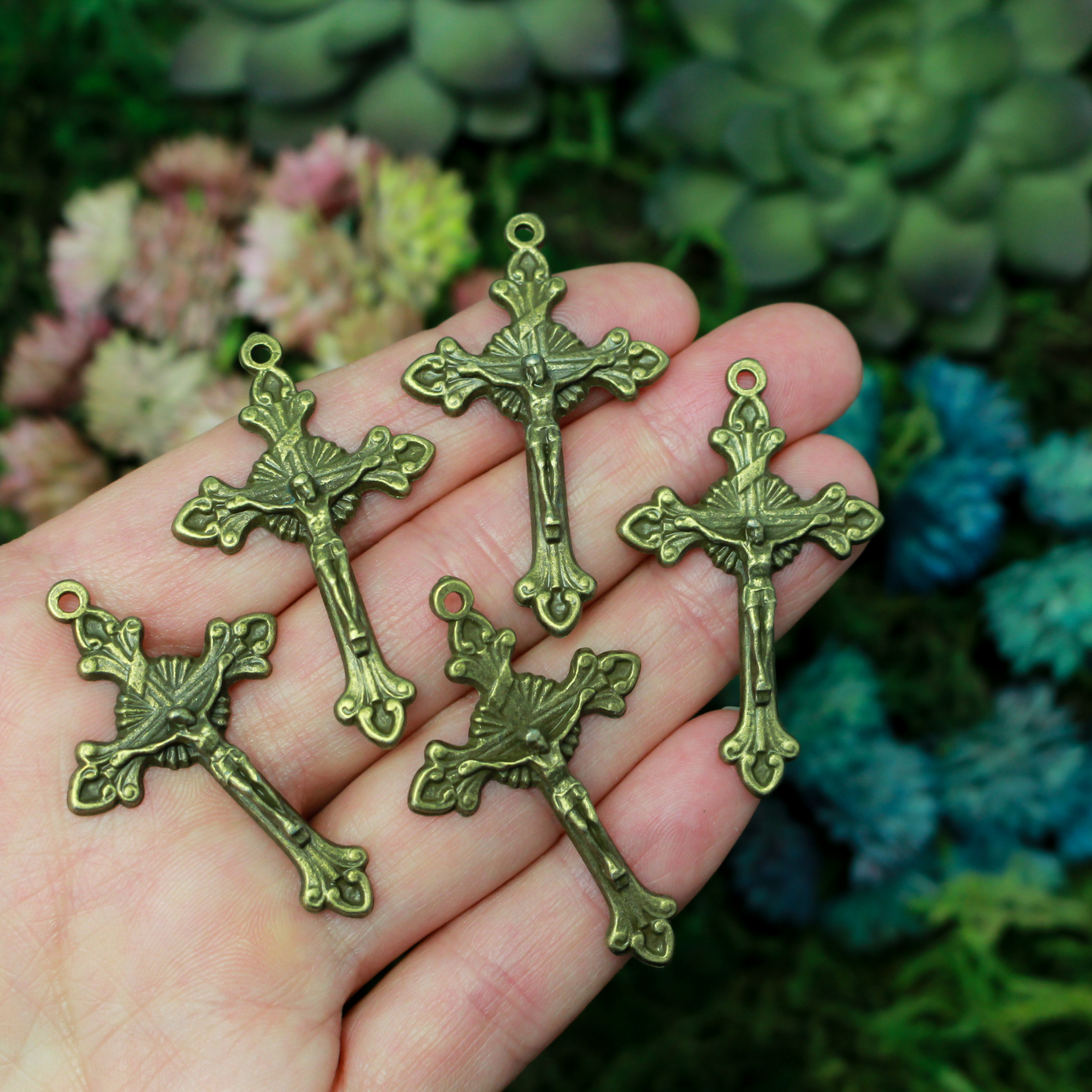 Bronze Starburst Nimbus Crucifix Cross with Fleur de Lis Ends 43mm Long, 5pcs