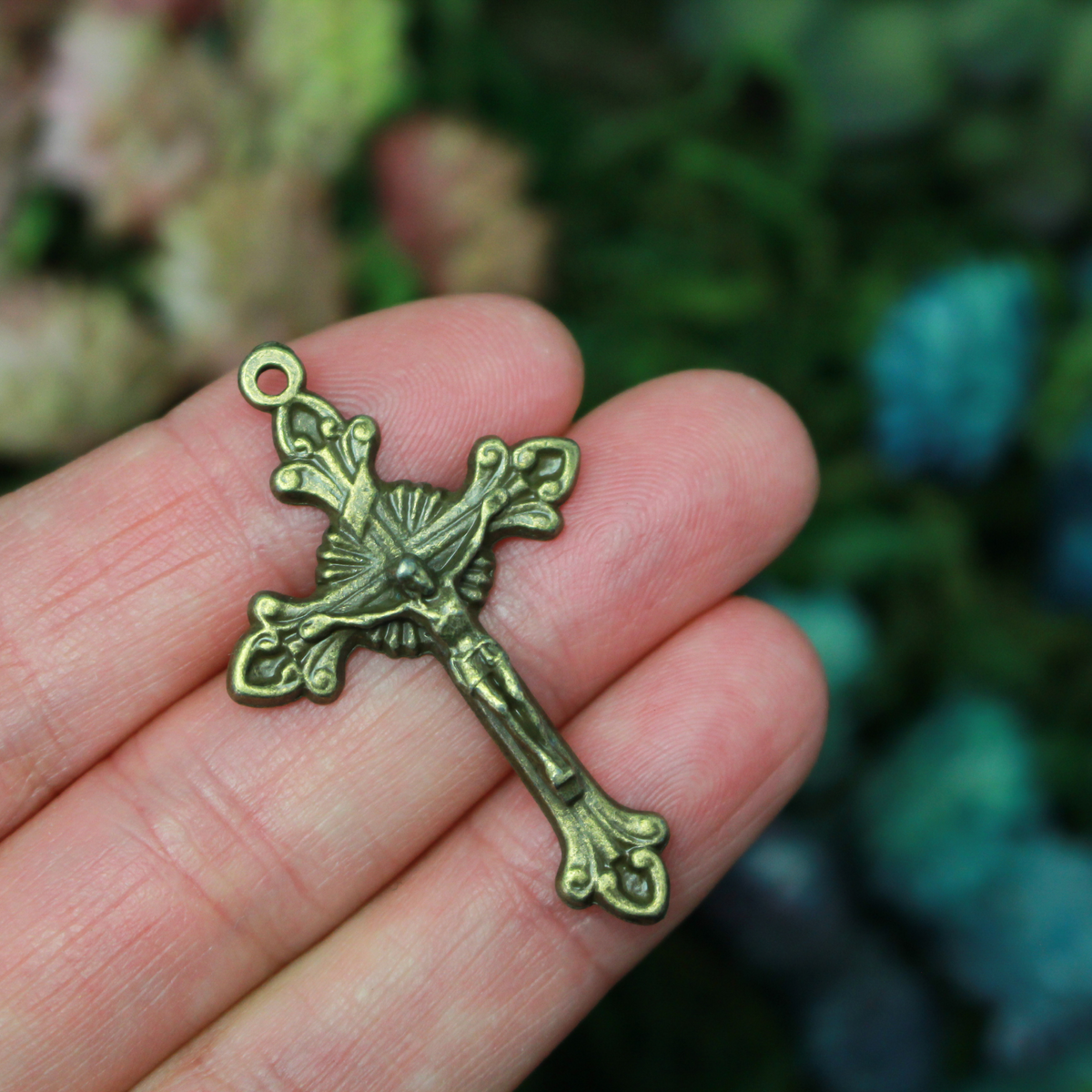 Bronze Starburst Nimbus Crucifix Cross with Fleur de Lis Ends 43mm Long, 5pcs