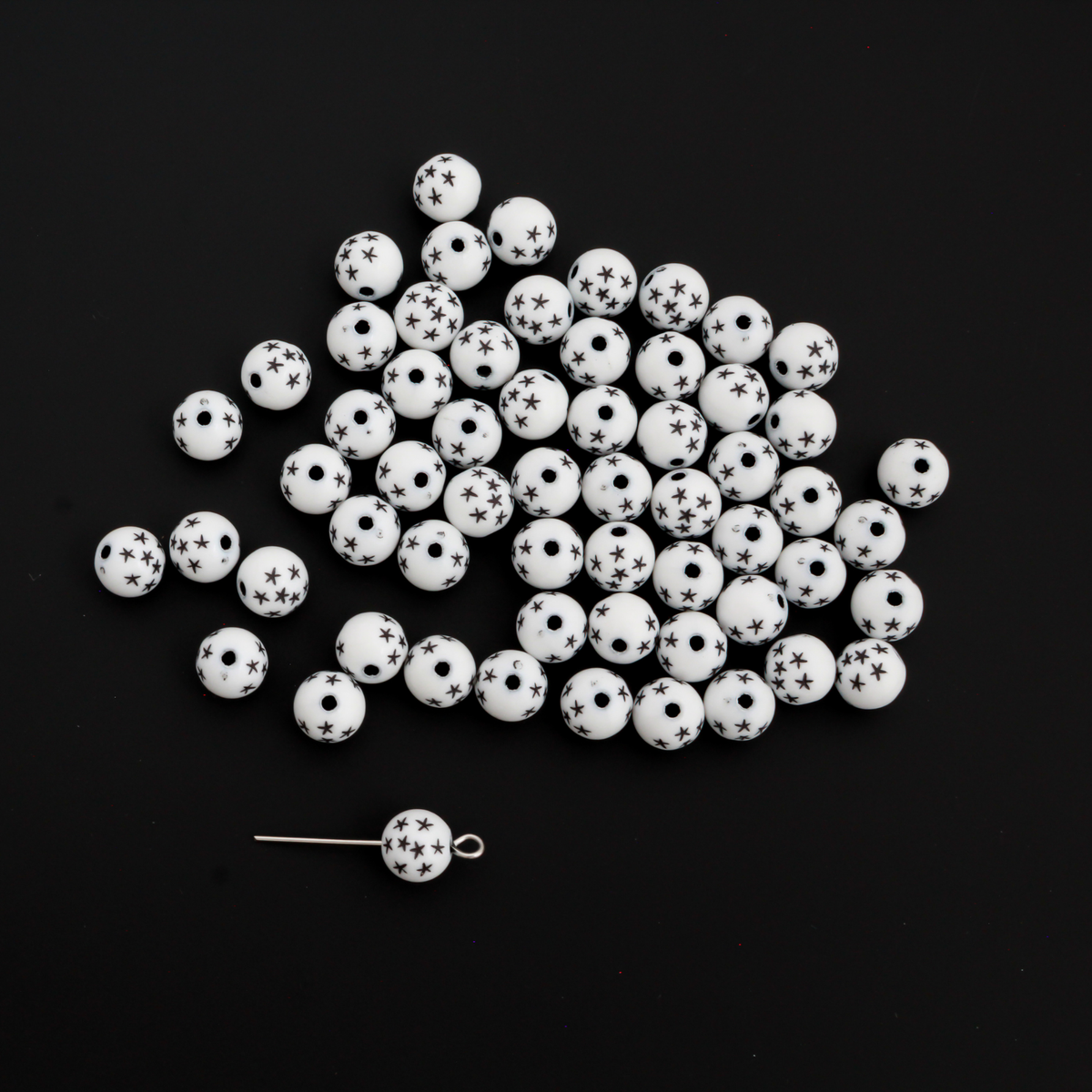 7mm White Acrylic Beads with Black Stars - Celestial Queen of Heaven Rosary Beads, 60pcs