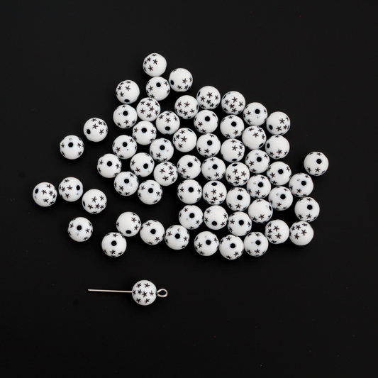 7mm White Acrylic Beads with Black Stars - Celestial Queen of Heaven Rosary Beads, 60pcs