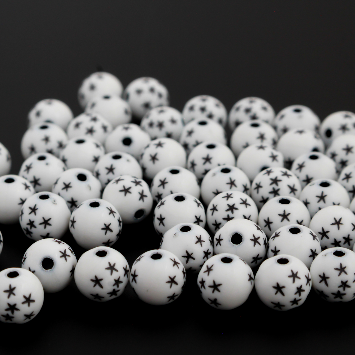 7mm White Acrylic Beads with Black Stars - Celestial Queen of Heaven Rosary Beads, 60pcs