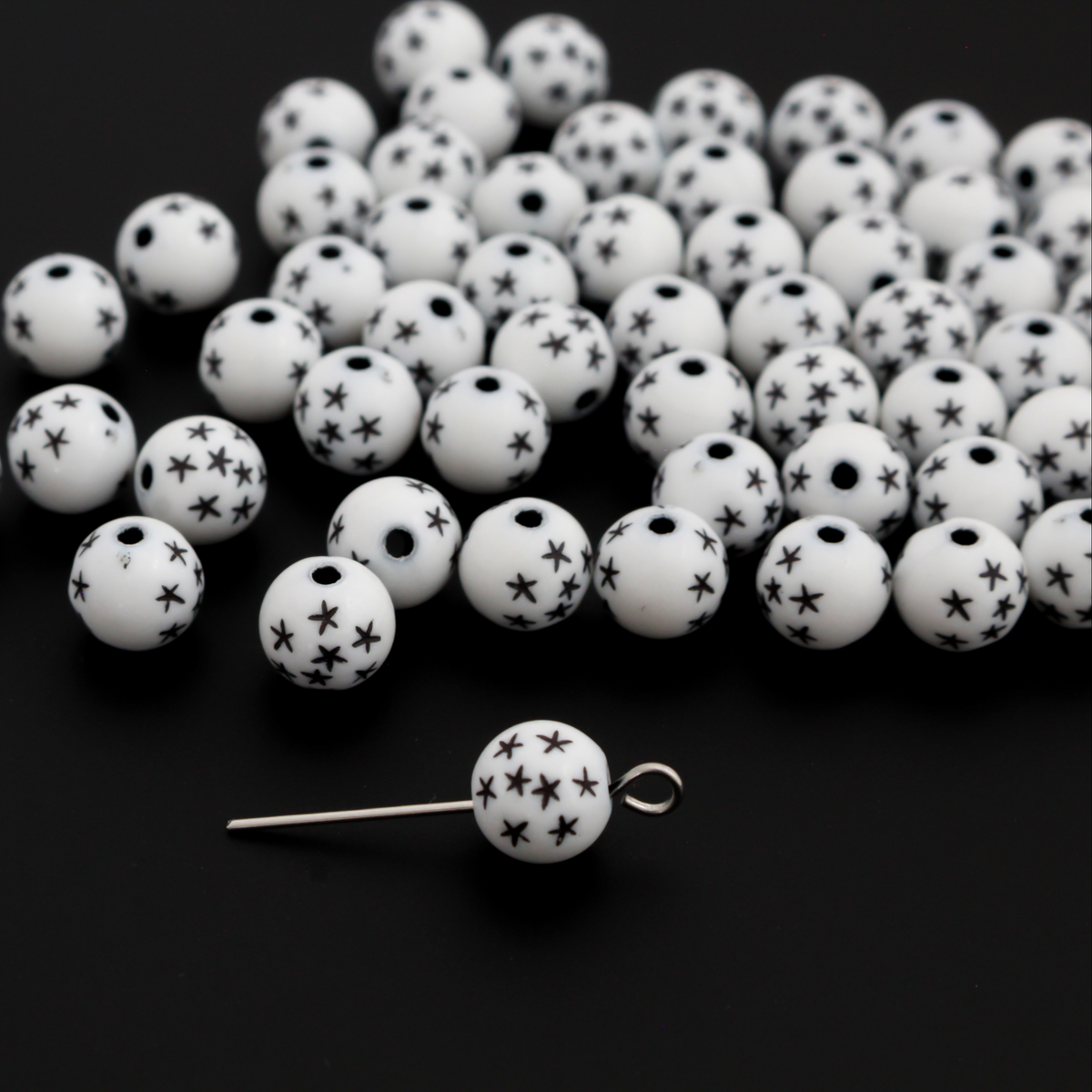 7mm White Acrylic Beads with Black Stars - Celestial Queen of Heaven Rosary Beads, 60pcs