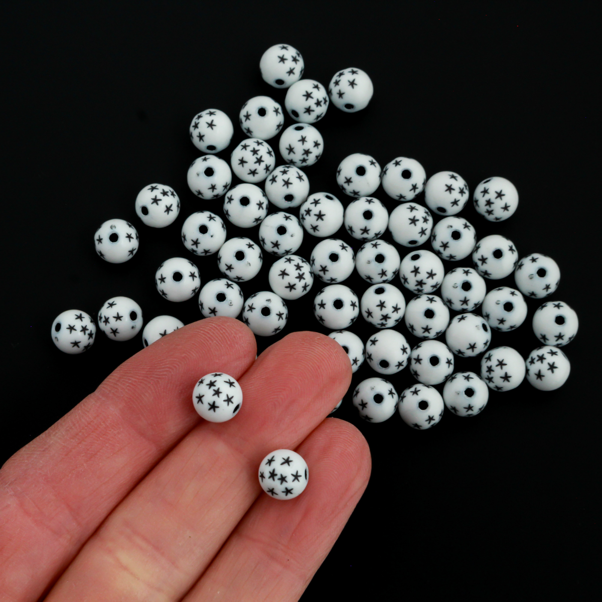 7mm White Acrylic Beads with Black Stars - Celestial Queen of Heaven Rosary Beads, 60pcs