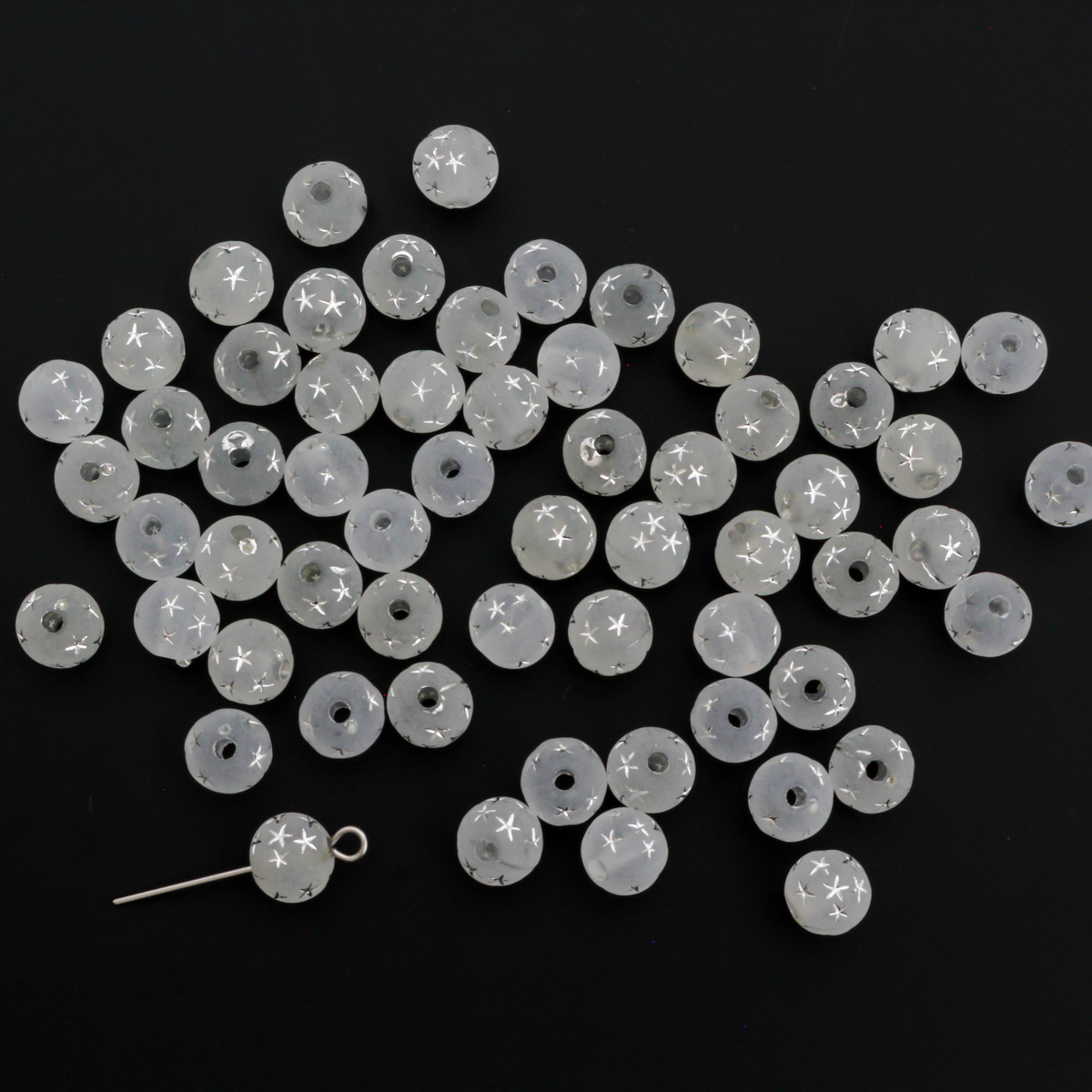 7mm White Frosted Transparent Acrylic Beads with Silver Stars - Celestial Queen of Heaven Rosary Beads, 60pcs