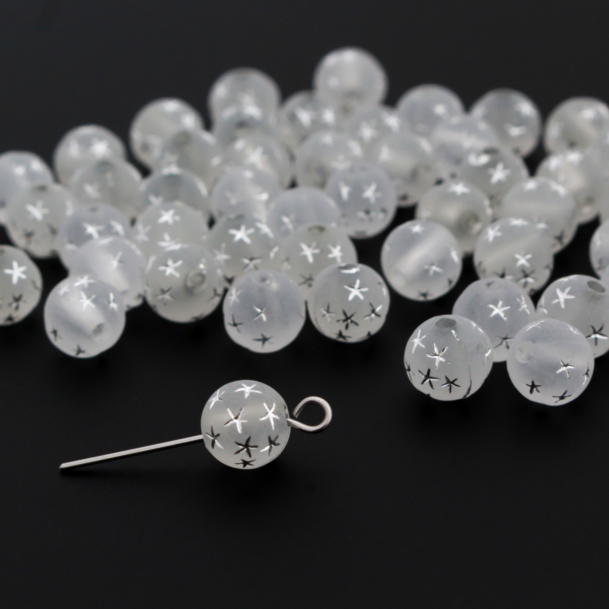 7mm White Frosted Transparent Acrylic Beads with Silver Stars - Celestial Queen of Heaven Rosary Beads, 60pcs